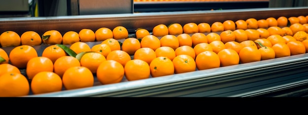 Pomarańcze w fabryce żywności czyste i świeże gotowe do automatycznego pakowania Generative AI