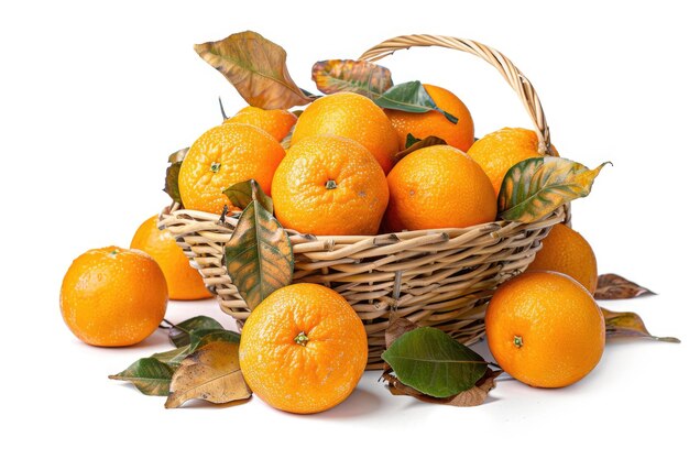 Pomarańcze z liśćmi w koszu są rozrzucone odizolowane na białym