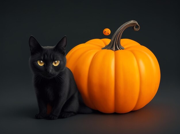 Pomarańczowa dynia i czarny kot Generative Ai