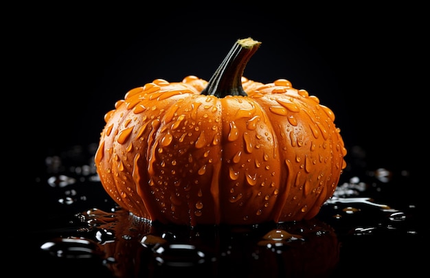 Pomarańczowa dynia na czarnym tle z kroplami wody Koncepcja Halloween lub Dziękczynienia