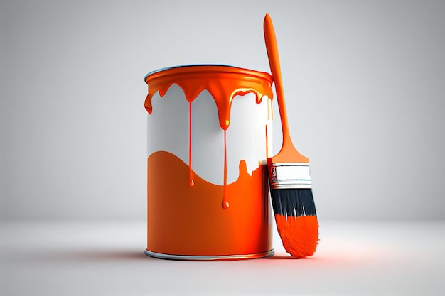 Pomarańczowa farba i pędzel w białym pokoju do malowania ścian ilustracji Generative AI