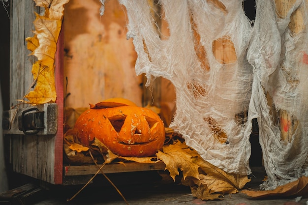 Pomarańczowa Jasna Dynia Halloween Z Wyrzeźbionymi Ustami I Oczami Na Drewnianym Pudełku Z Gazą Jako Siecią Obok Jesiennych Liści