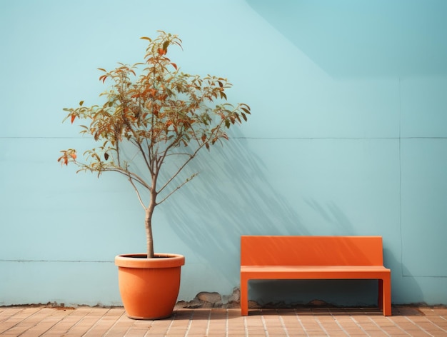 pomarańczowa ławka obok rośliny w garnku przed niebieską ścianą