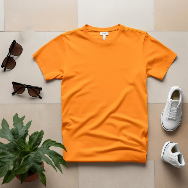 Pomarańczowa maketa koszulki polo z widokiem z góry na tle