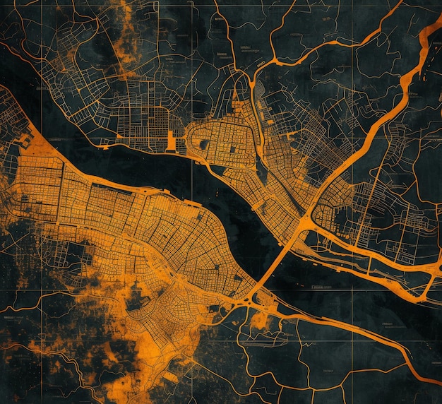 Pomarańczowa mapa abstrakcyjna z rzeką na ciemnym tle Urban Metropolis Aerial View Concept w ciepłych tonach