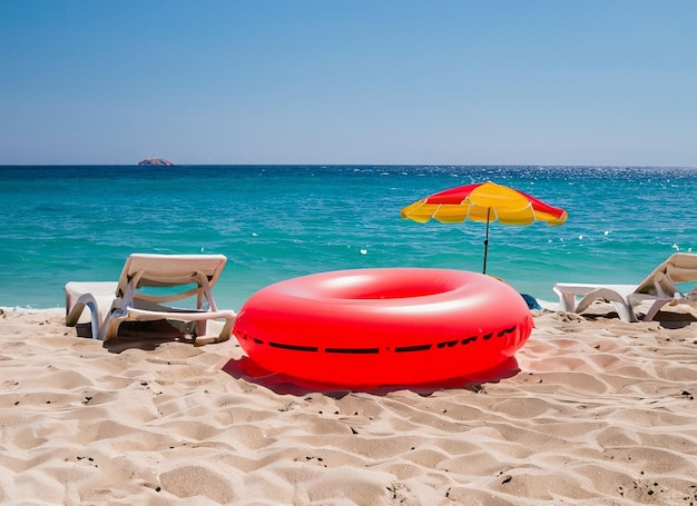 Pomarańczowa nadmuchiwana rurka na plaży z parasolem plażowym i oceanem w tle.