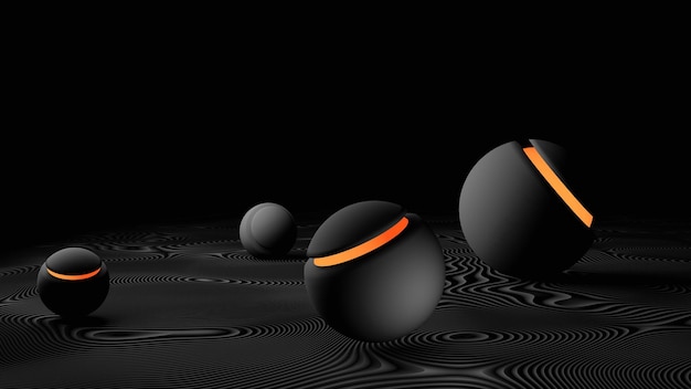 Zdjęcie pomarańczowa piłka w paski na czarno-białym falistym rozszczepie renderowanie 3d