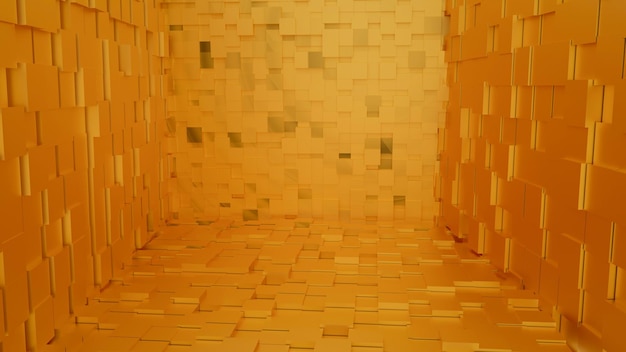 Pomarańczowa ściana w pokoju z drewnianym pudełkiem pośrodku