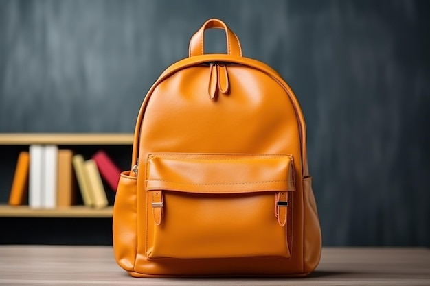 pomarańczowa torba i notatnik ołówek na drewnianym stole Powrót do koncepcji szkoły Wygeneruj Ai