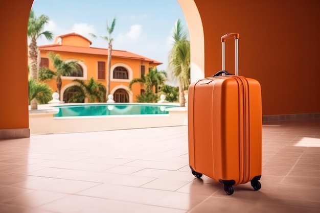 Pomarańczowa walizka stojąca w pustej sali hotelowej z malowniczym widokiem na palmy