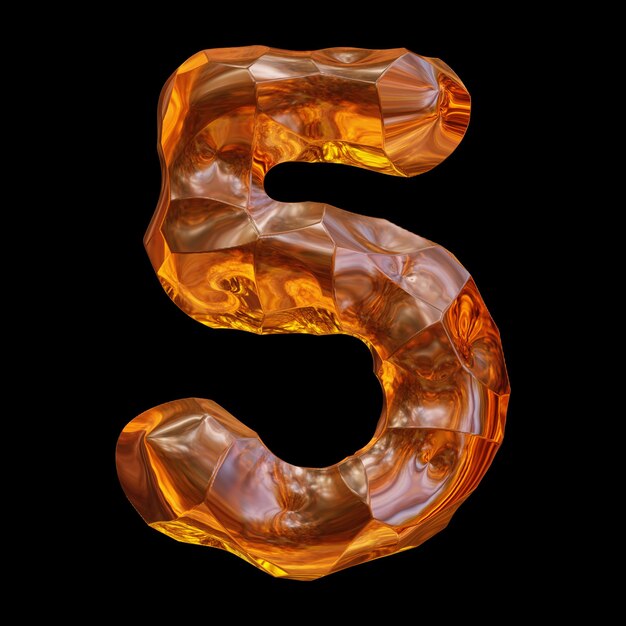 Pomarańczowe błyszczące szkło kryształowe numer 5 w renderowaniu 3d dla koncepcji matematyki i edukacji