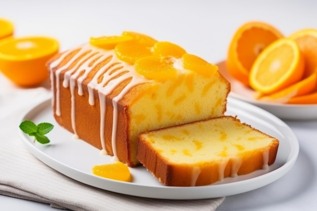 Pomarańczowe domowe ciasto funtowe Wilgotny bochenek ze skórką pomarańczową na jasnym tle Ilustracja generatywna AI