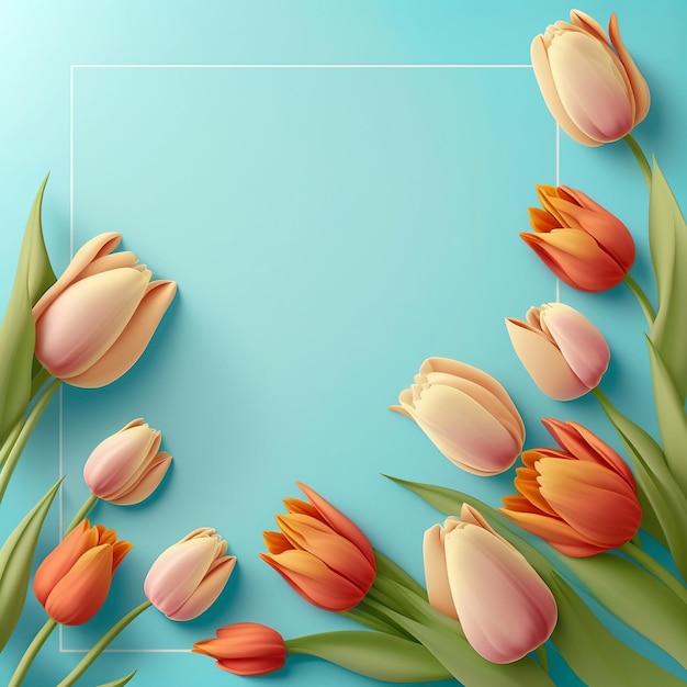 Pomarańczowe i różowe tulipany na niebieskim tle z białą ramką.