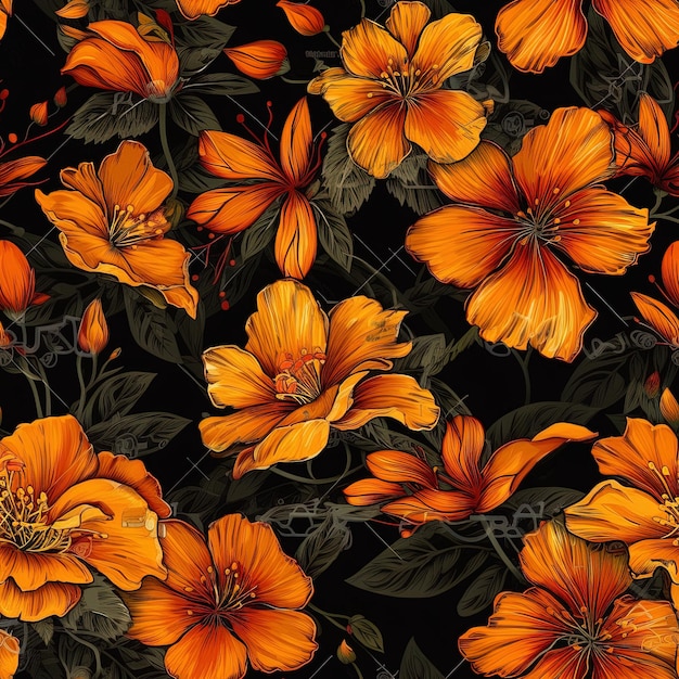 Pomarańczowe kwiaty na czarnym tle.