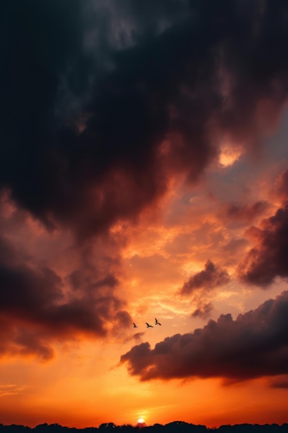 Pomarańczowe niebo z latającymi ptakami w stylu dramatycznych efektów świetlnych atmosferycznych chmur