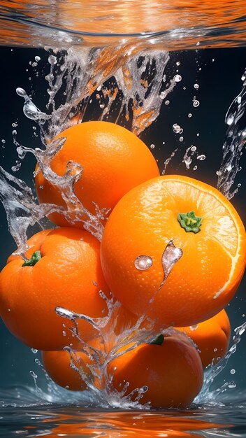 Pomarańczowe owoce wpadające do plusku wody