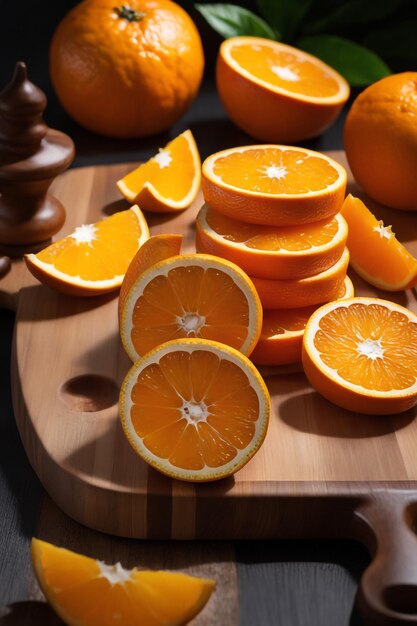 Zdjęcie pomarańczowe plasterki na drewnianej desce do cięcia z kuchnią
