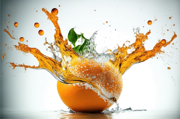 Pomarańczowe rozpryskiwania wody białe tło Wykonane przez AIArtificial Intelligence