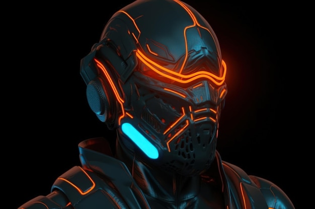 Pomarańczowo-niebieska scifi futurystyczna głowa robota generująca ai
