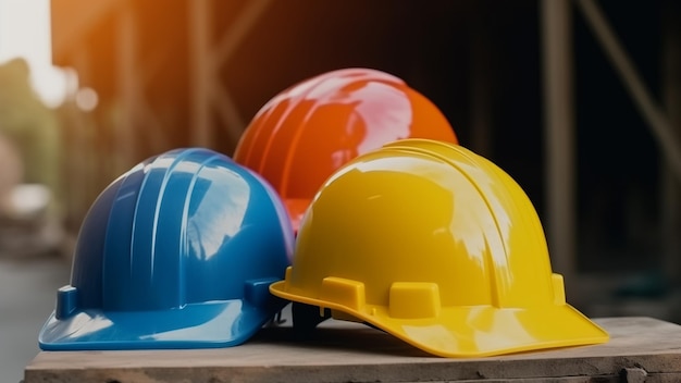 Pomarańczowo-żółte i niebieskie twarde kaski ochronne do projektów związanych z bezpieczeństwem