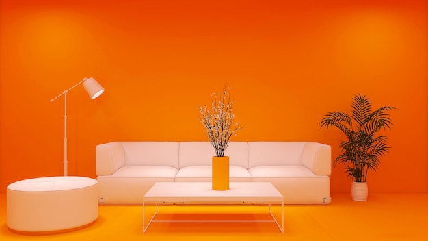 Pomarańczowo-żółte tło z białą sofą salon wystrój wnętrz renderowania 3D