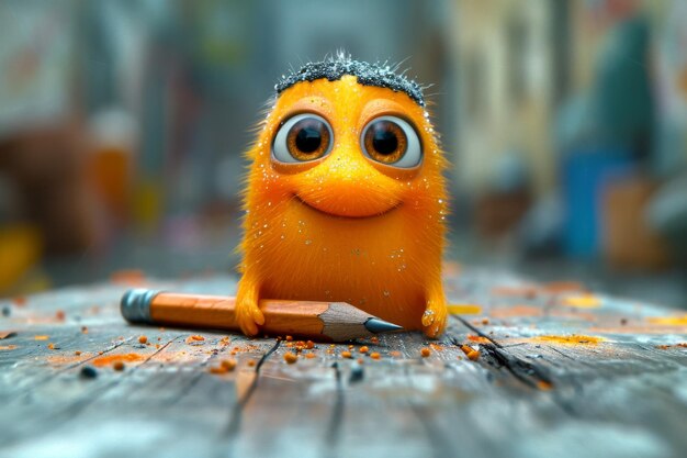 Pomarańczowy bohater kreskówki z ołówkami ilustracją 3D