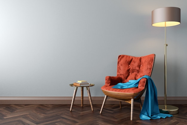Pomarańczowy fotel lampa podłogowa stolik kawowy w pustym pokoju makieta ilustracja 3d