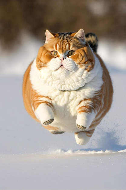 Pomarańczowy i biały kot biegnący w generatywnym śniegu