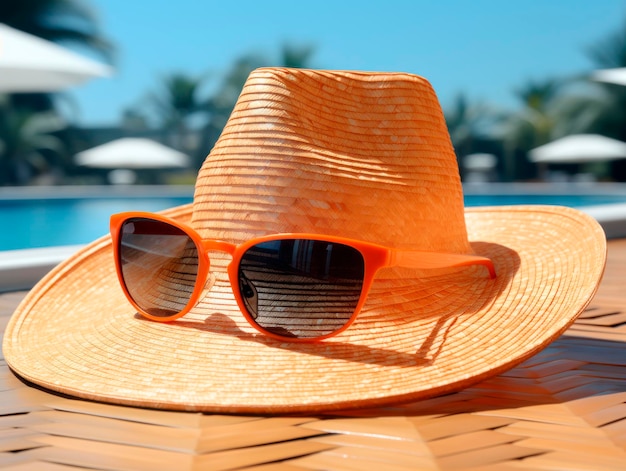 Pomarańczowy kapelusz i okulary przeciwsłoneczne na basenie Generacyjna AI