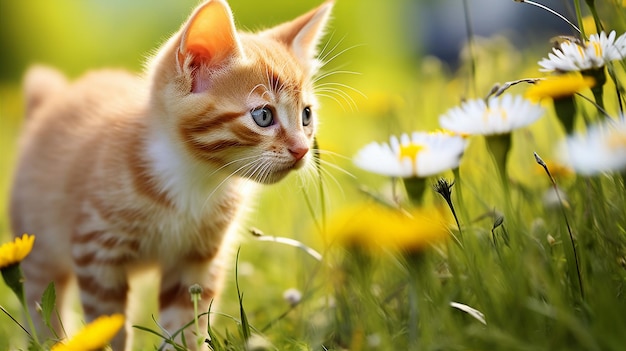 Pomarańczowy kociak ciekawie wącha kwitnącą stokrotkę na wiosennej łące