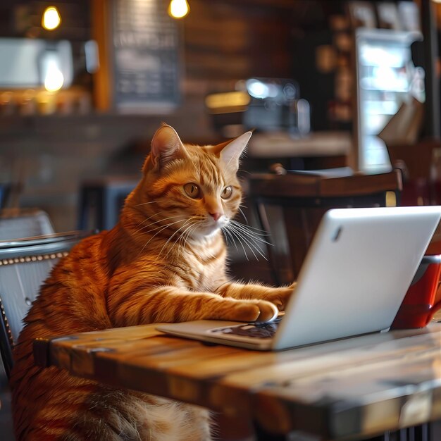Pomarańczowy kot używający laptopa na drewnianym stole