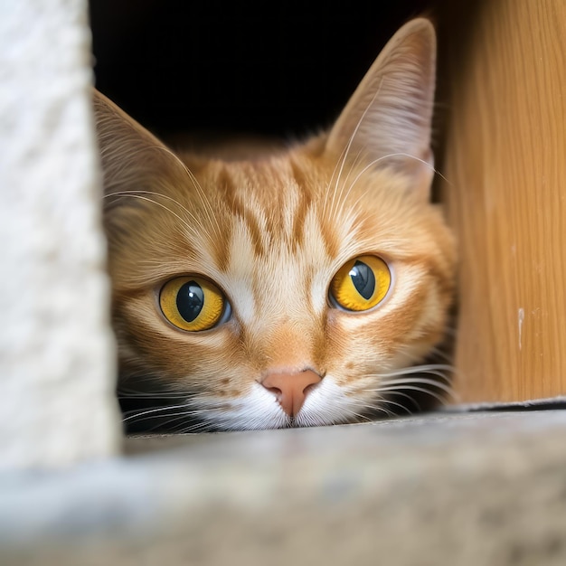 Pomarańczowy kot wyglądający z pod drzwiami.