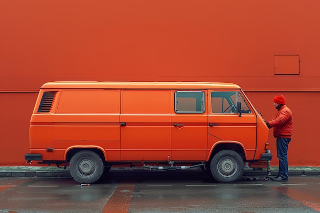 Zdjęcie pomarańczowy minibus na parkingu czekający na klientów