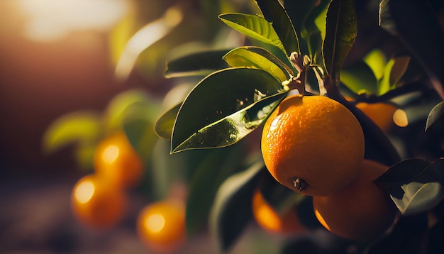 Pomarańczowy ogród z dojrzewającymi pomarańczowymi owocami na drzewach z zielonymi liśćmi naturalnymi i żywnościowym tłem