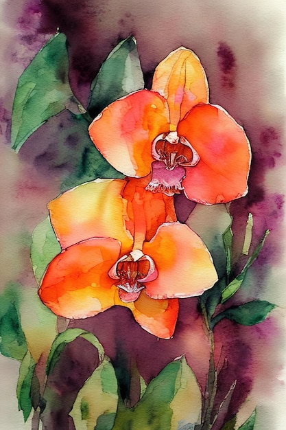 Pomarańczowy orchidea streszczenie akwarela malarstwo na papermute kolory akwarela styl Ai generowane