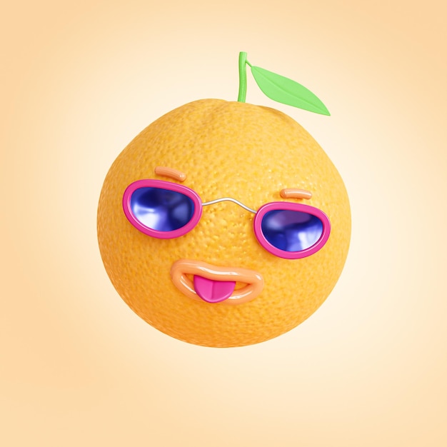 Zdjęcie pomarańczowy owoc z twarzą i okularami przeciwsłonecznymi renderowania 3d