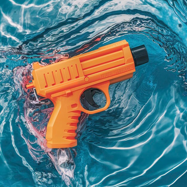 Zdjęcie pomarańczowy plastikowy pistolet na czarnym tle pulvirizer do zbliżania wody niebieski tło wody