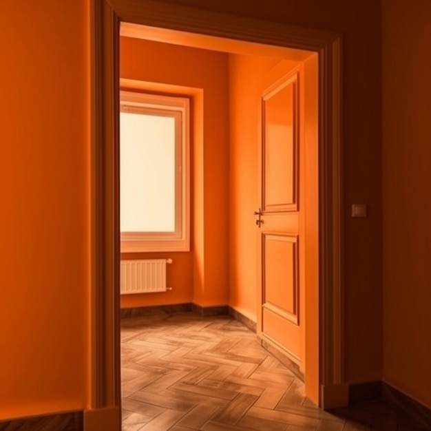 Pomarańczowy pokój z oknem i drzwiami z napisem „Słowo”.