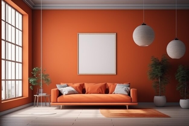 Pomarańczowy salon z białą lampą i kanapą z białą lampą na ścianie.