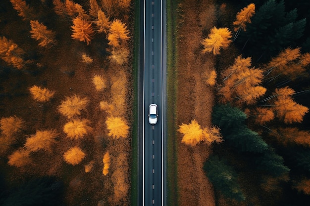 Zdjęcie pomarańczowy samochód jeżdżący wzdłuż drogi jesienią w stylu fotorealistycznych krajobrazów powietrznych