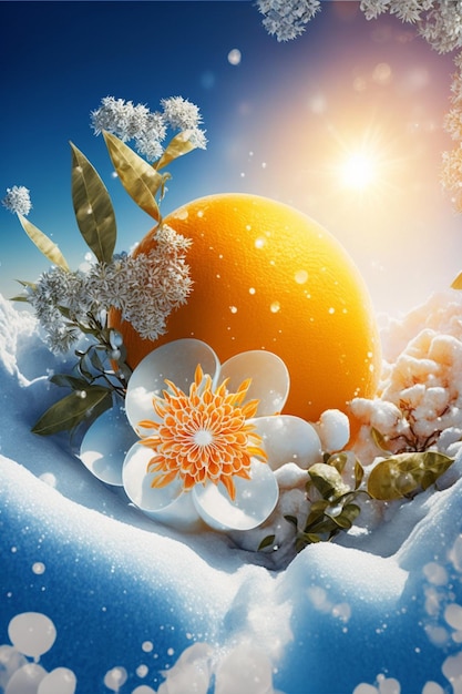 Pomarańczowy siedzący na szczycie pokrytej śniegiem ziemi generatywnej ai