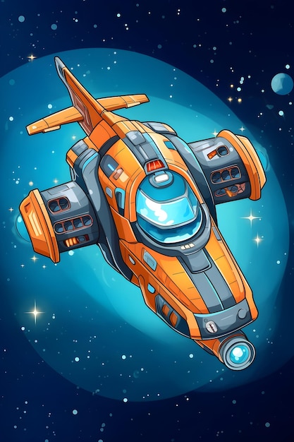 Pomarańczowy statek kosmiczny ze statkiem kosmicznym w tle.