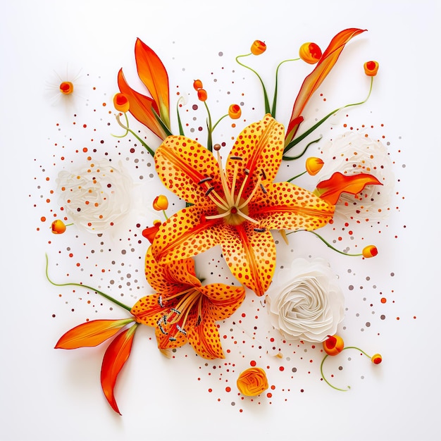 pomarańczowy tropikalny kwiat czerwone kropki białe tło tekstura