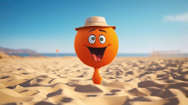 Zdjęcie pomarańczowy z kapeluszem i kapeluszem chodzi po plaży.