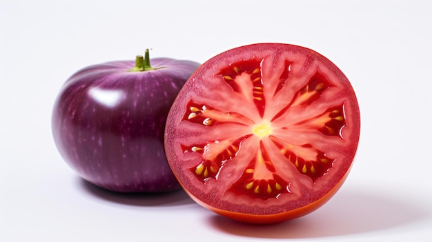 pomidor i fioletowy pomidor na białej powierzchni
