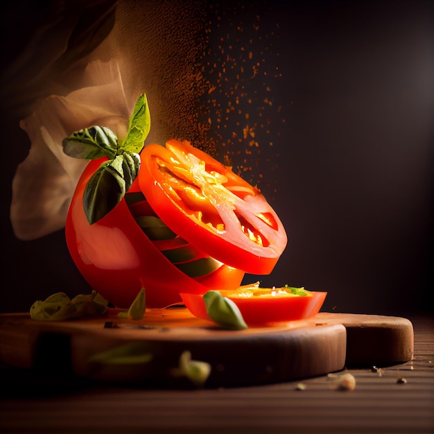 Pomidor z liśćmi bazylii posypany na nim