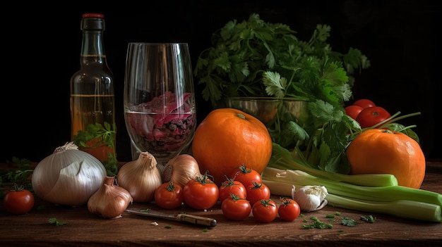Pomidory i inne warzywa na drewnianej desce do krojenia z lampką wina Generacja 3d AI