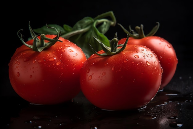 Pomidory na czarnym tle z kropelkami wody