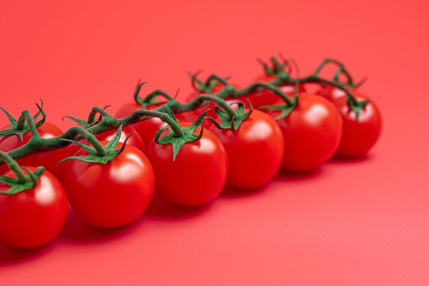 Pomidory na gałęzi na czerwonym tle Świeże soczyste dojrzałe pomidory Czerwone wiśnie owoce Dieta wegańska zdrowa żywność organiczna warzywa składniki przygotowania sałatki witaminy do gotowania