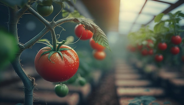 Pomidory na gałęzi w szklarni Generative AI